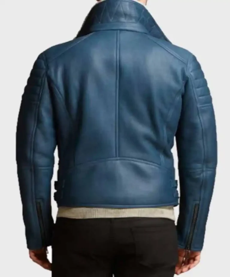 Men Blue Shearling Leather Jacket