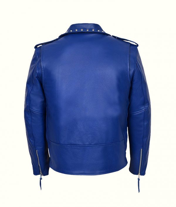 Blue Studded Biker Leather Jacket