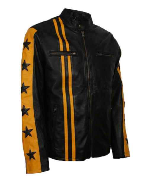 Mens Cafe Racer Yellow Star Leather Jacket