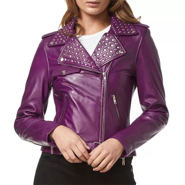 Ladies Purple Studded Biker Jacket